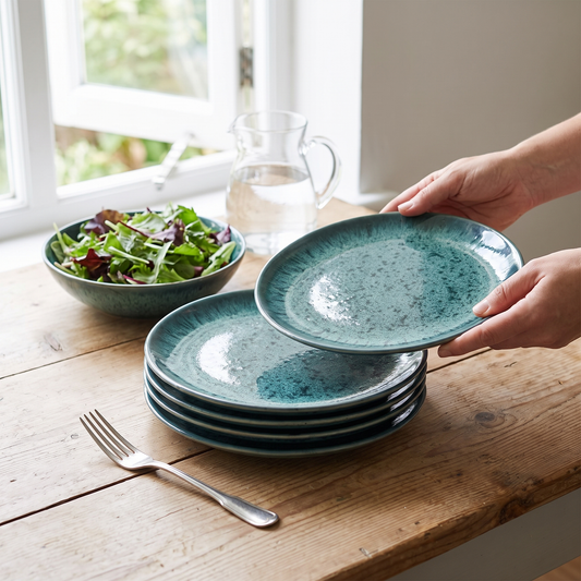 Seis pratos de salada Aqua em gres azul-agua, cinco empilhados e um segurado nas maos, numa mesa de almoco junto a janela