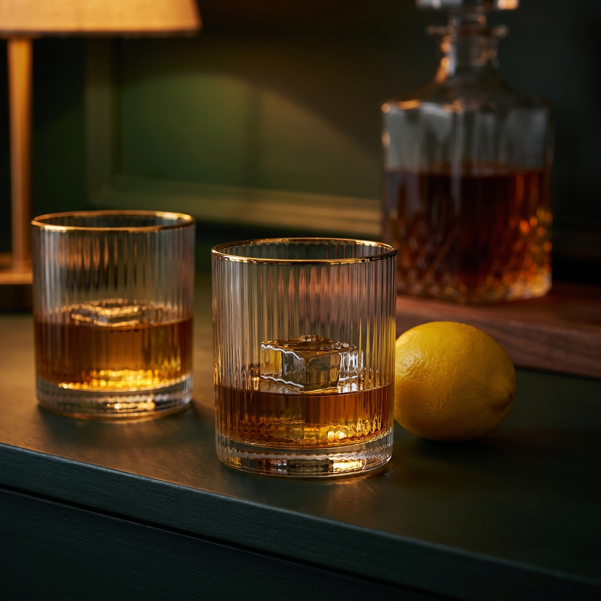 Copos baixos Golden Sip com aro dourado, com whisky e gelo num bar de parede verde-escura