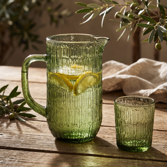 Jarro Moss Ripple em vidro reciclado verde com agua e limao, numa mesa de terraco