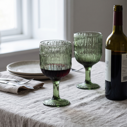 Tacas de vinho Moss Ripple em vidro reciclado verde, numa mesa posta com toalha de linho
