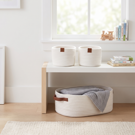 Conjunto de 3 cestos Jarana em algodão branco num quarto de criança