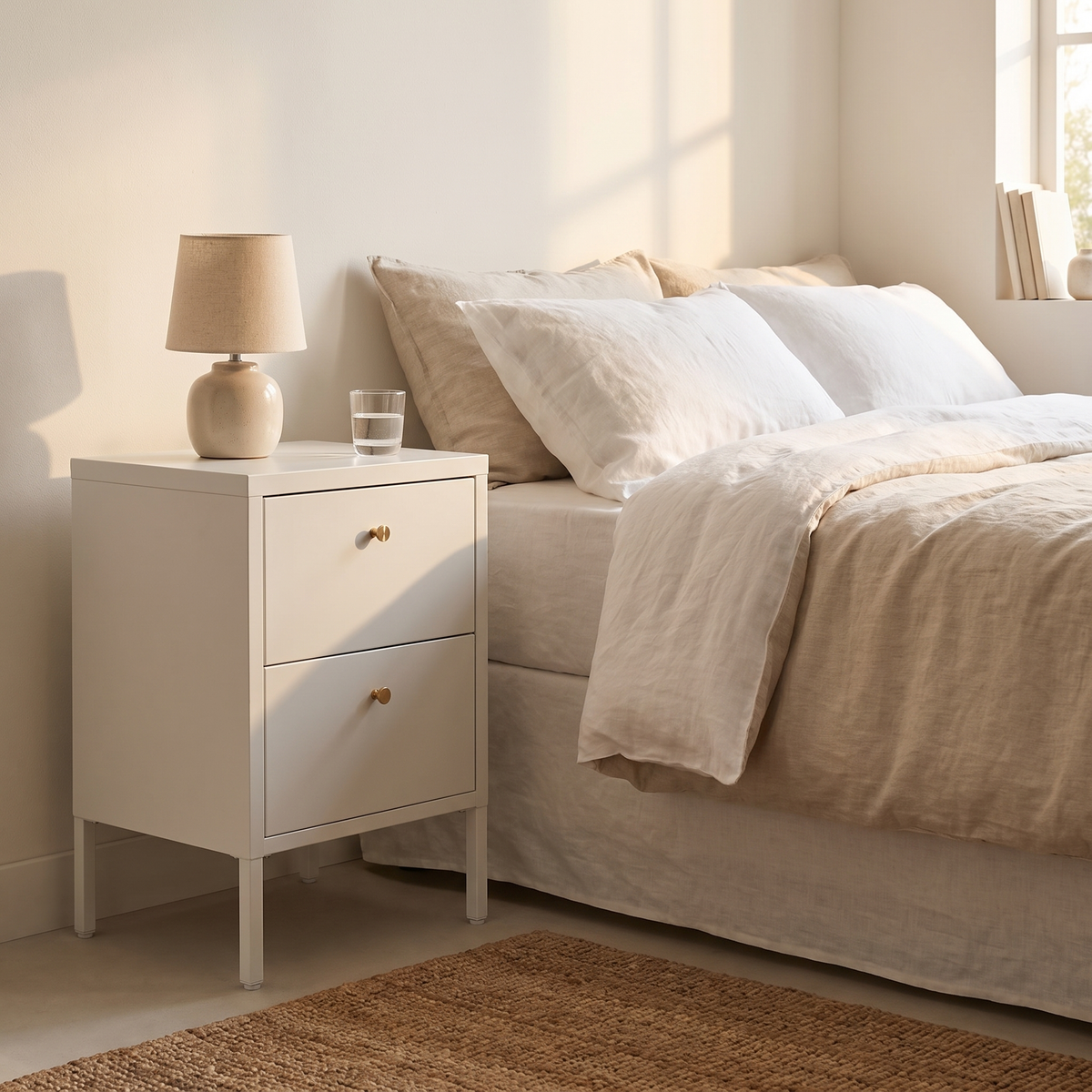 Cómoda Dalby branca de 2 gavetas como mesa de cabeceira num quarto claro