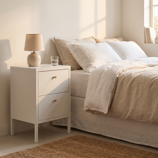 Cómoda Dalby branca de 2 gavetas como mesa de cabeceira num quarto claro