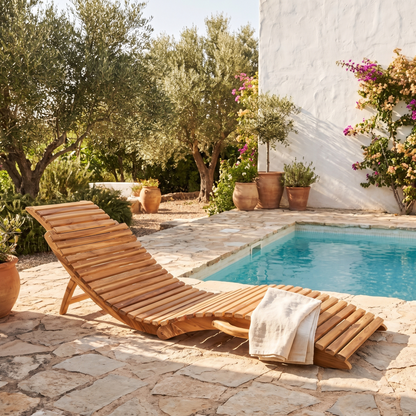 Espreguiçadeira Arrieta em teca junto a piscina num jardim mediterrânico