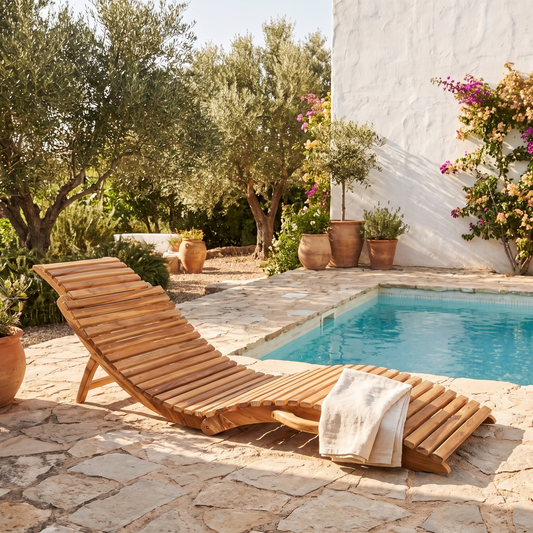 Espreguiçadeira Arrieta em teca junto a piscina num jardim mediterrânico