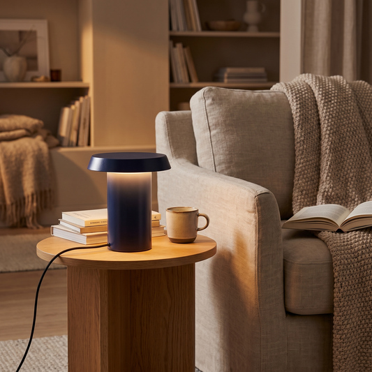 Candeeiro de Mesa Keen em Ferro com LED Integrado, Azul Escuro — Ø 20 × 22 cm — ambiente