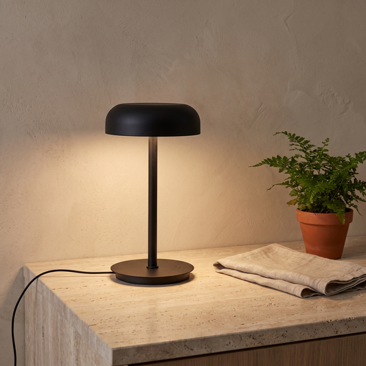 Candeeiro de Mesa Velo em Ferro e Policarbonato com LED Regulável, Preto — Ø 20 × 37 cm — ambiente