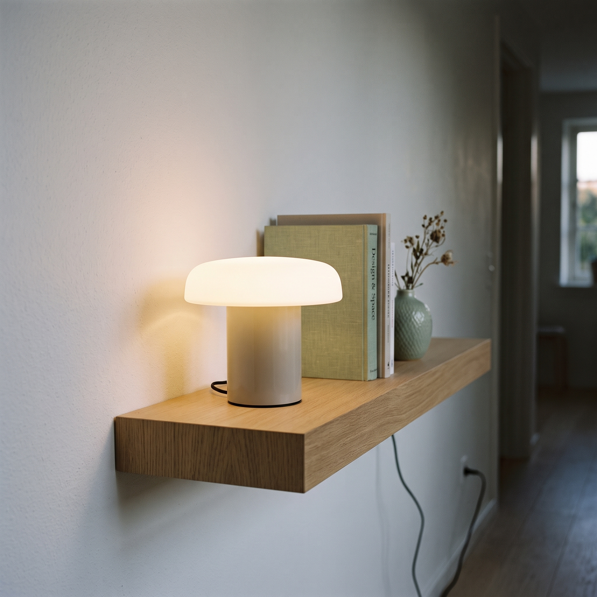 Candeeiro de Mesa Ateliers em Vidro, Areia e Branco — Ø 25 × 20 cm — ambiente