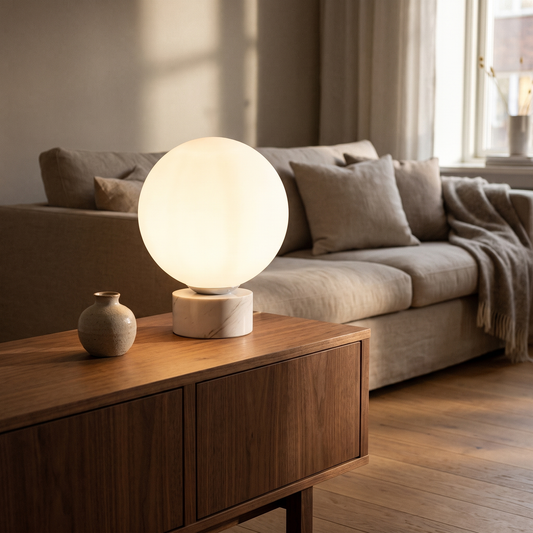 Candeeiro de Mesa Esférico em Vidro Fosco e Mármore Branco — Ø 40 × 50 cm — ambiente