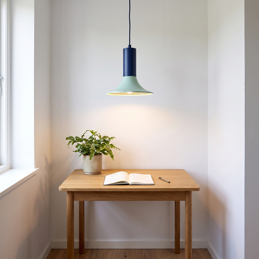 Candeeiro Suspenso Luminary em Ferro, Azul e Verde-Claro — Ø 25 × 24 cm — ambiente