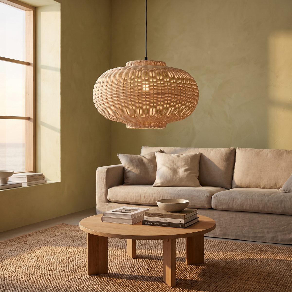 Candeeiro Suspenso Chand Elipse em Rattan, Natural — Ø 45 × 27 cm — ambiente