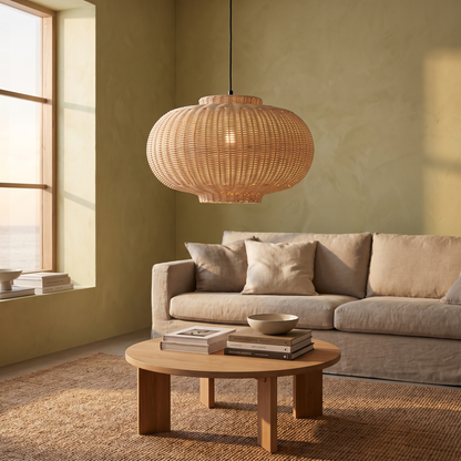 Candeeiro Suspenso Chand Elipse em Rattan, Natural — Ø 45 × 27 cm — ambiente
