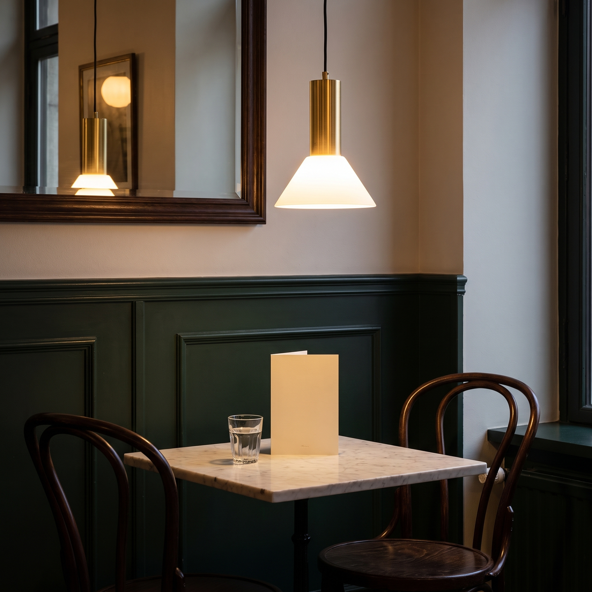Candeeiro Suspenso Contrast em Vidro Branco e Latão — Ø 25 × 28 cm — ambiente