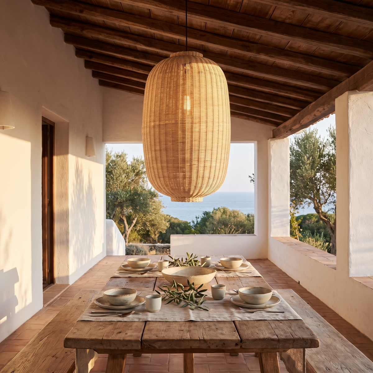 Candeeiro Suspenso Chand Oval em Rattan, Natural — Ø 45 × 75 cm — ambiente