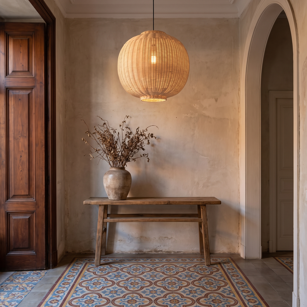 Candeeiro Suspenso Chand Redondo em Rattan, Natural — Ø 45 × 43 cm — ambiente