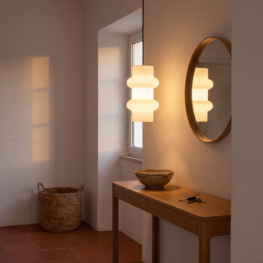 Candeeiro Suspenso Pilule Duplo, Branco Mate em Vidro Opalino Soprado à Boca — Ø 15 × 25 cm — ambiente