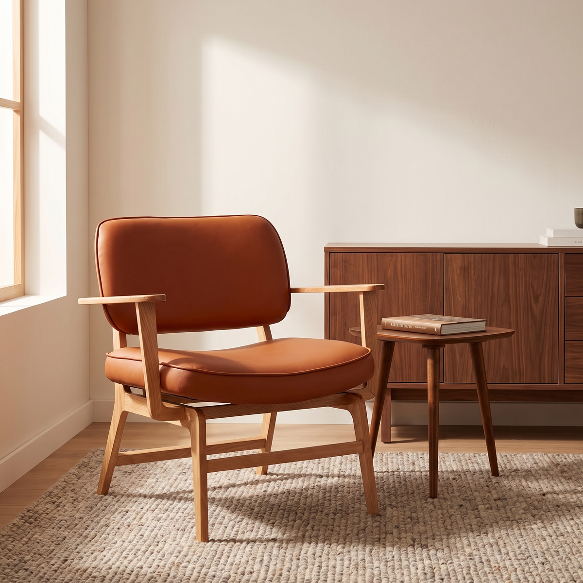 Poltrona Haze em Carvalho, Pele Sintética Castanha — 81 × 65 × 79 cm — ambiente