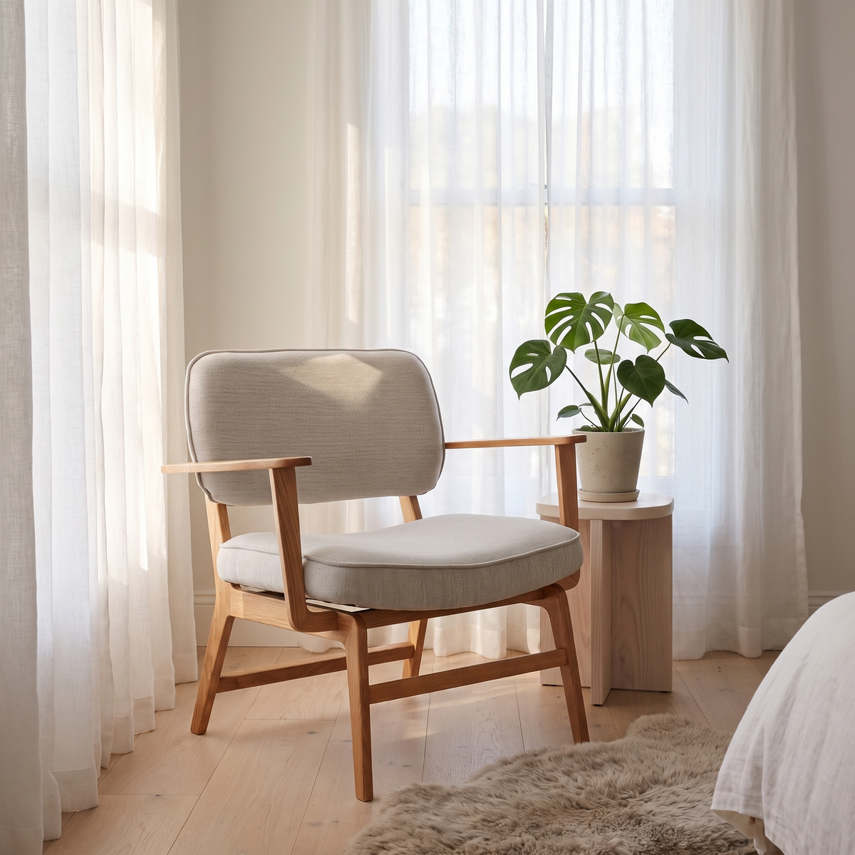 Poltrona Haze em Carvalho, Tecido Cinzento-Claro — 81 × 65 × 79 cm — ambiente