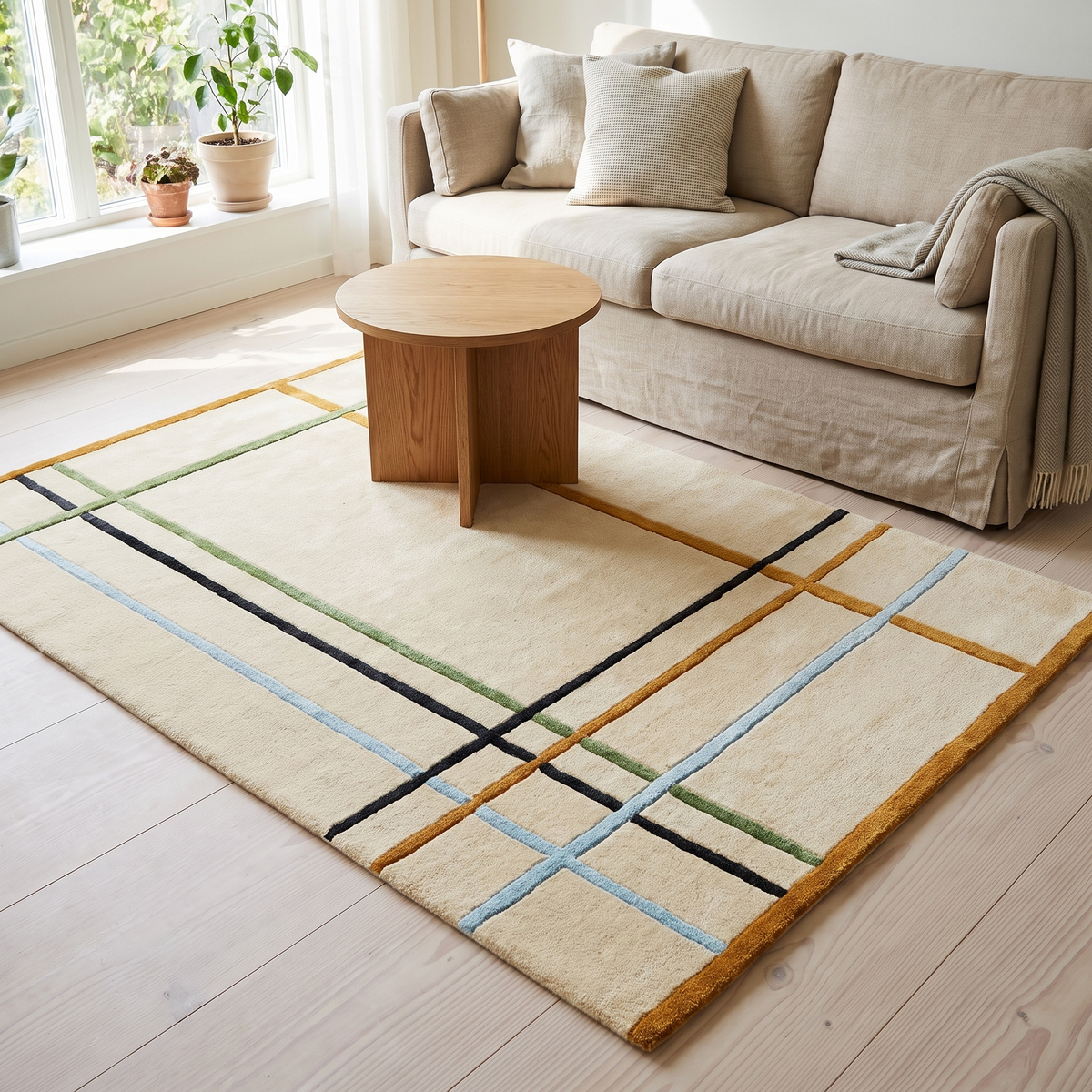 Tapete Tufado em Viscose e Algodão, Creme com Linhas Coloridas — 120 × 180 cm — ambiente
