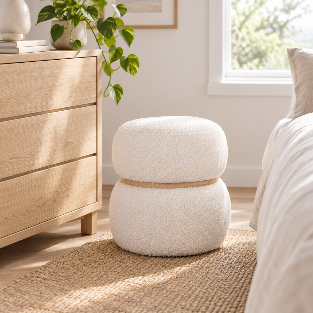 Pufe Milford em teddy branco num quarto — ambiente