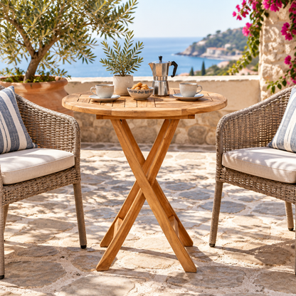 Mesa de café Oviedo em teca num terraço — ambiente