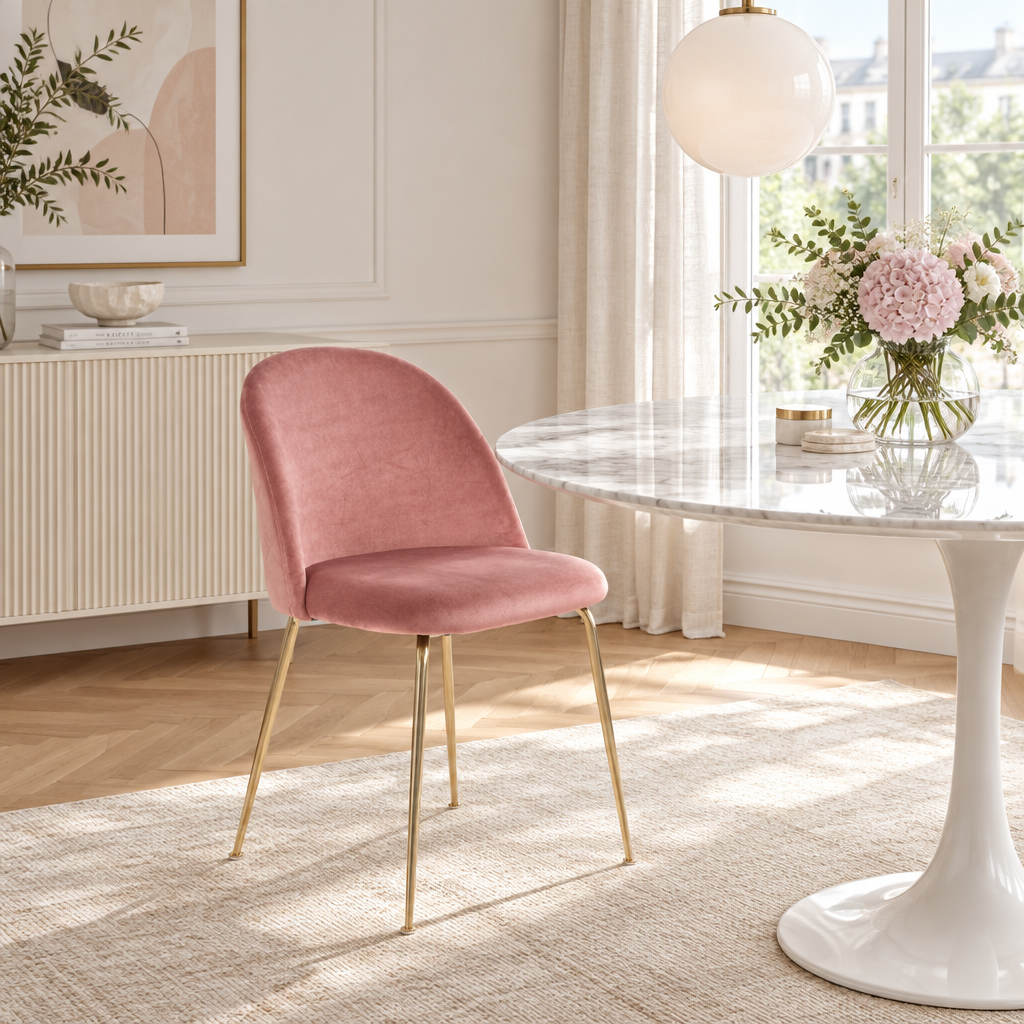 Cadeira Geneve em veludo rosa junto a uma mesa de mármore — ambiente