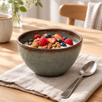 Tigela Côa verde-musgo com granola e fruta numa mesa de pequeno-almoço — ambiente