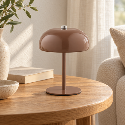 Candeeiro Margate castanho de 13 cm de diâmetro sobre uma mesa de madeira, em ambiente de sala.